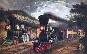 Fanny Palmer The Lightning Express Trains Leaving the junction oil on canvas